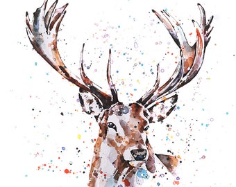 A475 Black Watercolour Stag Funky Animal Canvas Wall Art Large Picture Prints 