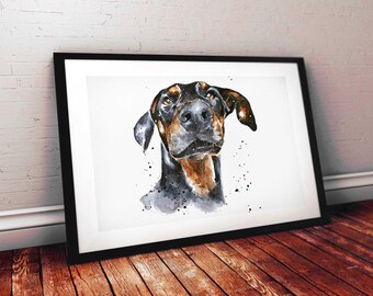 Könnte beinhalten: Ein gerahmter Kunstdruck mit einer Aquarellillustration eines Dobermanns. Das Kunstwerk zeigt den Kopf und Hals des Hundes in Schwarz-, Braun- und Loh-Tönen vor einem weißen Hintergrund, ergänzt durch sichtbare Farbspritzer.
