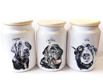 Black Labrador Ceramic Tea,Coffee and Sugar Storage Jars.Black Labrador canisters,Black Labrador kitchenware,Black Labrador home and kitchen