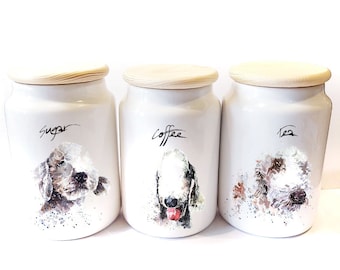 Bedlington Terrier Ceramic Tea, Coffee and Sugar Storage Jars. Bedlington Terrier Canisters,Bedlington  jars,Bedlington Terrier kitchenware