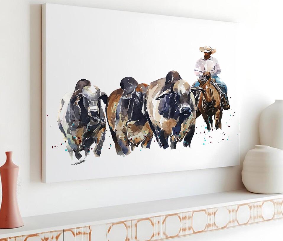 Brahman Cattle and Cowboy | Cow Lover Art Print | Edswatercolours - Etsy