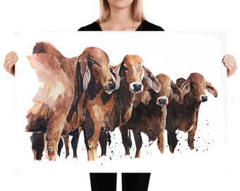 Rode brahmaanse runderen | Koeienliefhebber kunstafdruk | Edswatercolours
