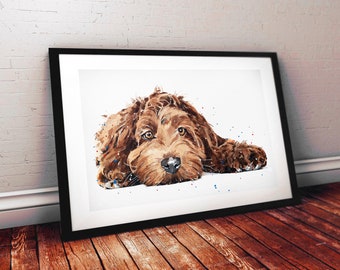 May include: Watercolor painting of a brown dog with a white background. The dog is lying down with its head resting on its paws. The painting has a few colorful dots scattered around the dog.
