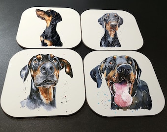 Doberman cork backed Glossy Coasters ( Set of 4) Doberman gift ,Doberman Coaster,Doberman art on Coasters