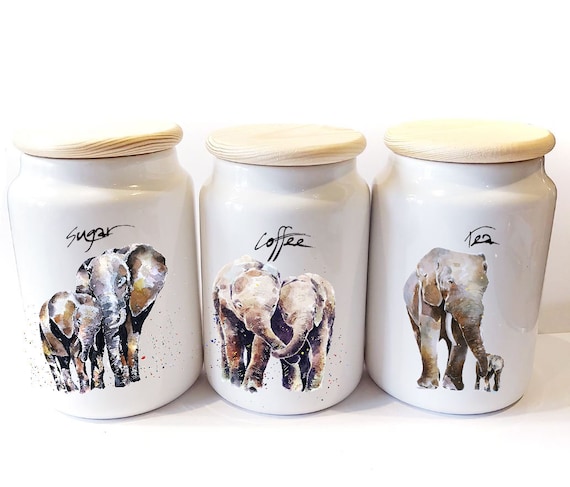 Elephants Art Ceramic Tea,coffee and Sugar Storage Jars. Elephants Canisters,  Elephants Storage Jars,elephants Kitchenware,elephants Kitchen 