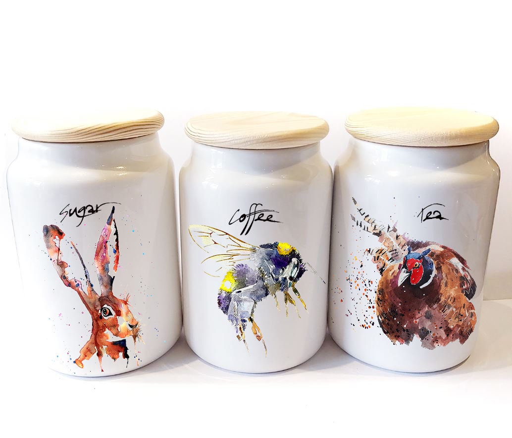 Home Country Ceramic Tea,Coffee and Sugar Storage British wildlife  Canisters, wildlife Storage Jars,farmhouse kitchenware