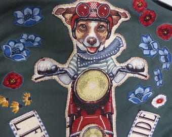 Veste militaire customisé - patch tapisserie jack russell - Let's go for a ride !