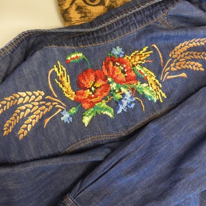 Frilly denim jacket, peplum, embroidered poppy patch and ripe wheat stencil, summer fragrance