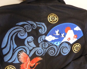 veste customisée japonisante - patch brodé Mont Fuji - Grues et vagues...