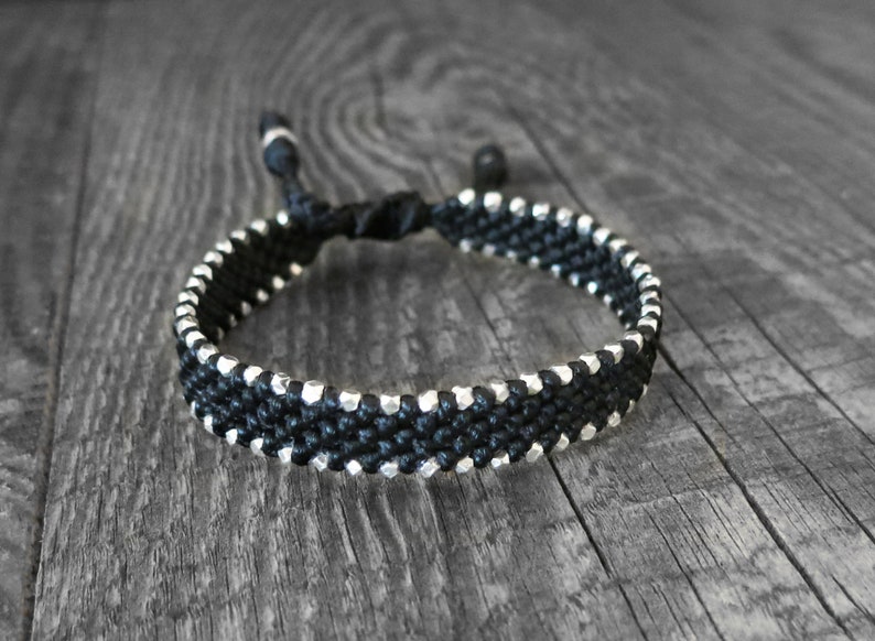 waxed cord men bracelet sterling silver faceted beads mens beach bracelet men macrame bracelet knotted bracelet for men