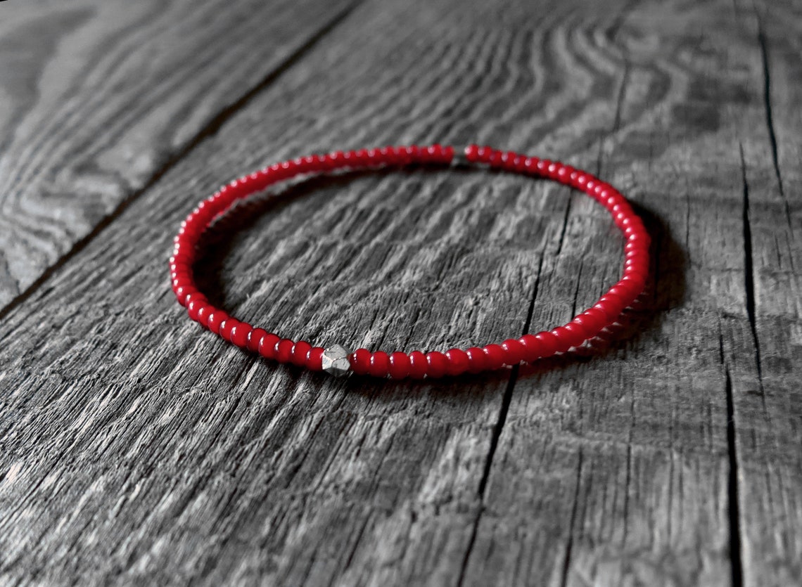 Red Bracelet Mens Bracelet With Sterling Silver Faceted Bead Etsy