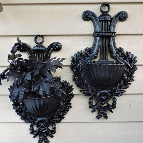 Pr. of Unique Vintage Burwood Wall Pocket Planters 10x17 in. Harp Lyre Design Black Satin Gothic Victorian Home Decor Haunted House Spooky