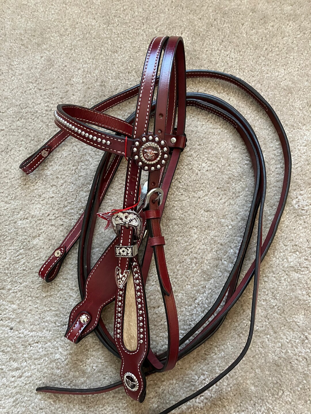 New Western Bridle Set All Leather, Longhorn Conchos, Cowhide Trim