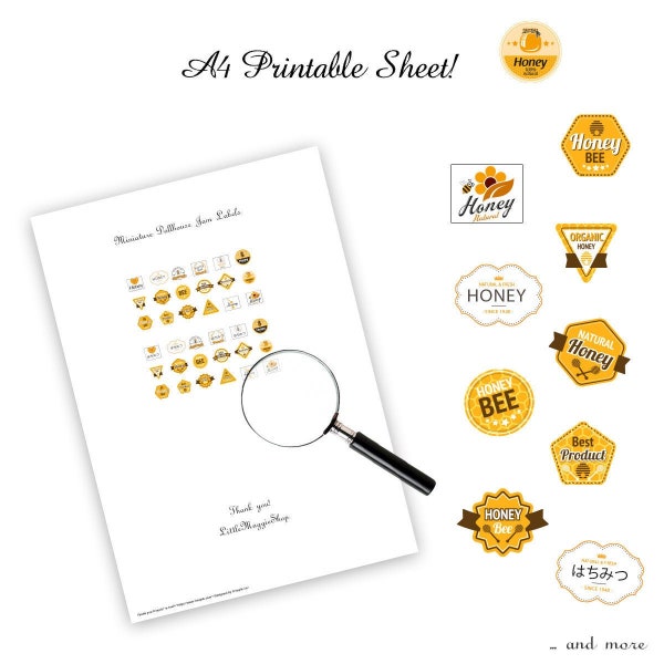 Honey Labels - Miniature Printable Labels for a Dollhouse | 1:12 | Printable sheet | Digital File | Instant Download