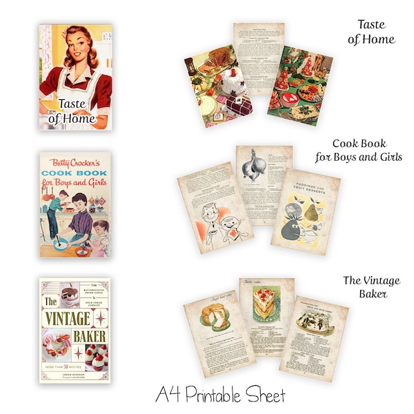 3 Printable Vintage Cooking Books with pages - dollhouse Miniatures 1:12 Downloadable PDF sheet 3 Kitchen Bakery