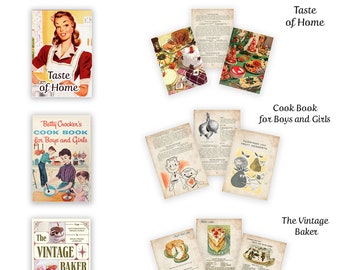 3 Printable Vintage Cooking Books with pages - dollhouse Miniatures 1:12 Downloadable PDF sheet 3 Kitchen Bakery