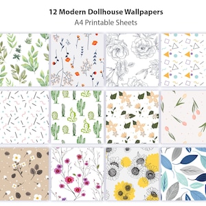 Set of 12 Modern Dollhouse Wallpaper Patterns - 12 Printable A4 Sheets - Instant Download PDF