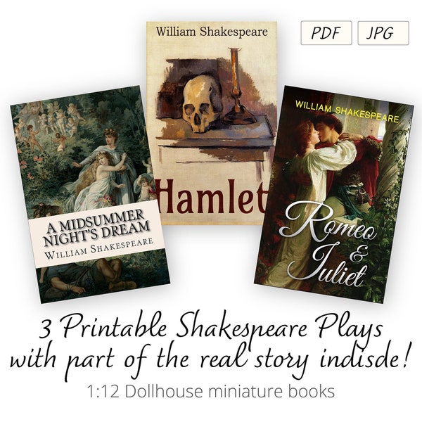 3 obras de Shakespeare imprimibles con historia en el interior - Libros en miniatura Dollhouse 1:12 Descarga instantánea PDF, JPG