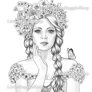 Coloring Page: The Spring Enchantress - Printable Sheet - Instant Download - Grayscale - Digital Coloring - Stress Relief - Digital Stamp