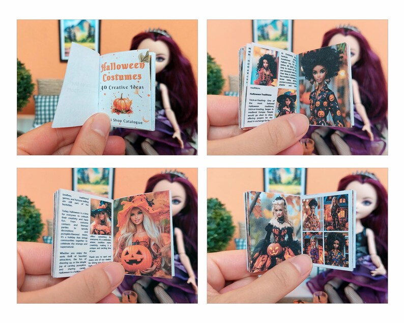 May include: A small book labelled "Halloween Costumes" with a pumpkin illustration. The book is open, showing pictures of dolls in Halloween costumes. The book is held in front of a doll with long purple hair and a tiara.