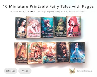10 Miniature Printable Fairy Tale Books with Pages and Illustrations, Premium Collection, 1/3, 1/6, 1/12 scale, Dollhouse, Digital File, PDF