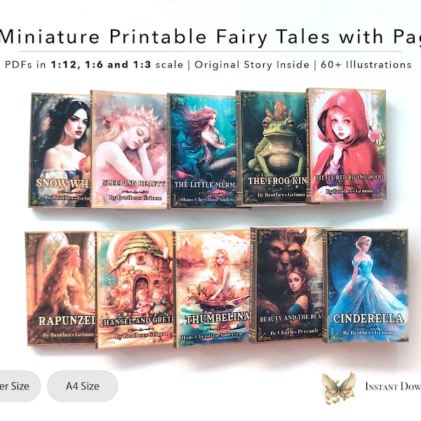 10 Miniature Printable Fairy Tale Books with Pages and Illustrations, Premium Collection, 1/3, 1/6, 1/12 scale, Dollhouse, Digital File, PDF