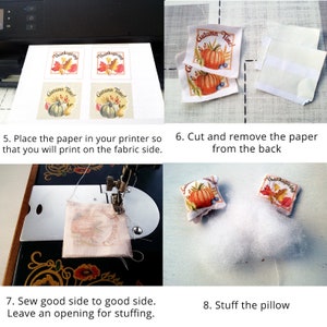 May include: A tutorial demonstrating how to make miniature Thanksgiving pillows. The process involves printing designs, cutting fabric, sewing, and stuffing. The designs feature pumpkins, leaves, and the text "Thanksgiving" and "Autumn Time!"