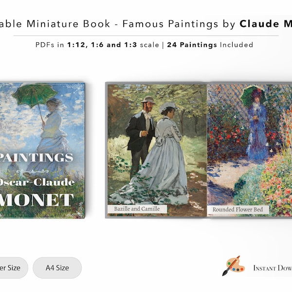 Famous Paintings by Claude Monet - Printable Miniature Book | Dollhouse Book | 24 Paintings | Digital File | PDF | 1/12 | 1/6 | 1/3 Scale