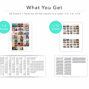 Op de afbeelding: Een digitale download van 20 boekomslagen en tekst voor romans in drie verschillende schalen: 1:3, 1:6 en 1:12. De omslagen bevatten een verscheidenheid aan kleurrijke illustraties en ontwerpen.