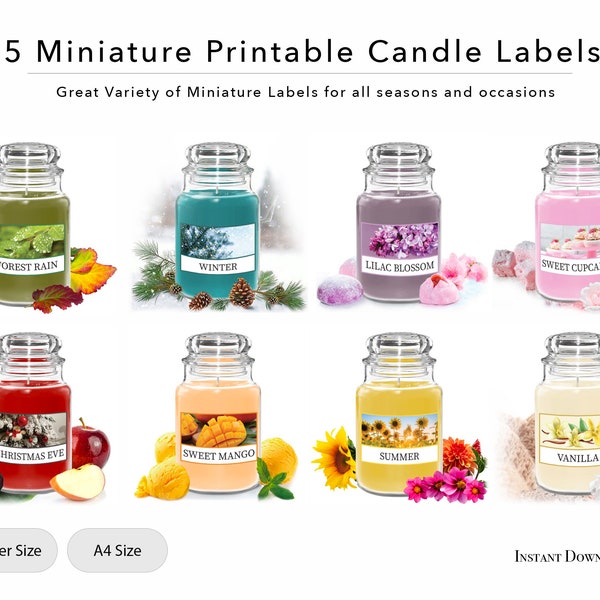 45 Printable Miniature Candle Labels | Miniature Scented Candle Labels | 1/12 scale | 1/6 Scale | Instant Download | PDF | JPG