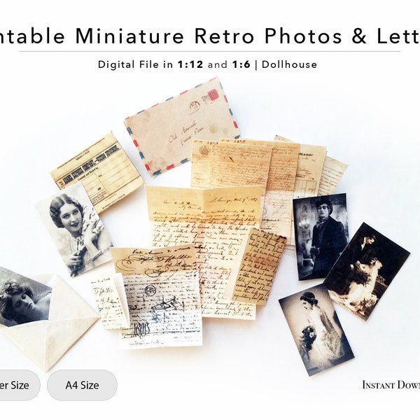 Printable Miniature Retro Letters, Photos and Envelopes | Dollhouse | 1/12 and 1/6 scale | Vintage Miniatures |  PDF | Download