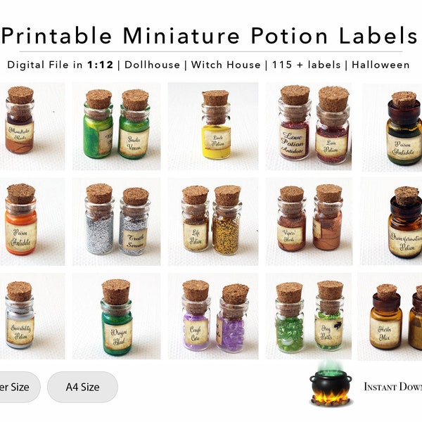 Printable Miniature Potion Labels | 115+ Labels | Dollhouse | Witch House | 1:12 scale | Halloween | Potions | Magical Labels | Spooky