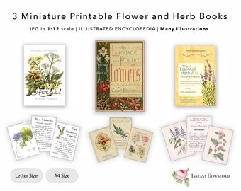 3 Printable Herbal and Flower Books with pages - The meaning of flowers, Herbs dollhouse Miniatures 1:12 Downloadable PDF sheet