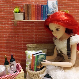 Op de afbeelding: Een roodharige pop met een witte en bruine outfit zit op een bank en leest een boek. De pop houdt een stapel boeken vast in een geweven mand. Er staan twee flessen wijn en een glas op een tafel op de achtergrond.