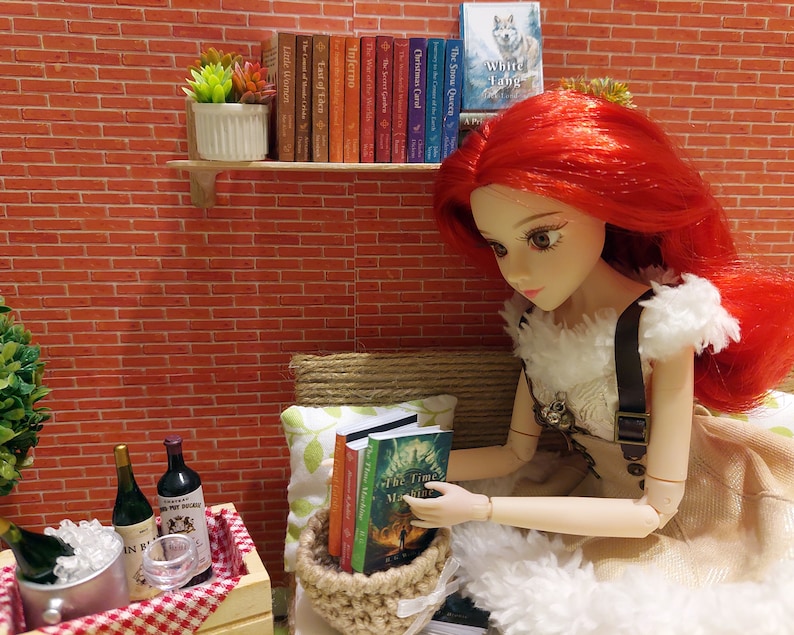 Op de afbeelding: Een roodharige pop met een witte en bruine outfit zit op een bank en leest een boek. De pop houdt een stapel boeken vast in een geweven mand. Er staan twee flessen wijn en een glas op een tafel op de achtergrond.