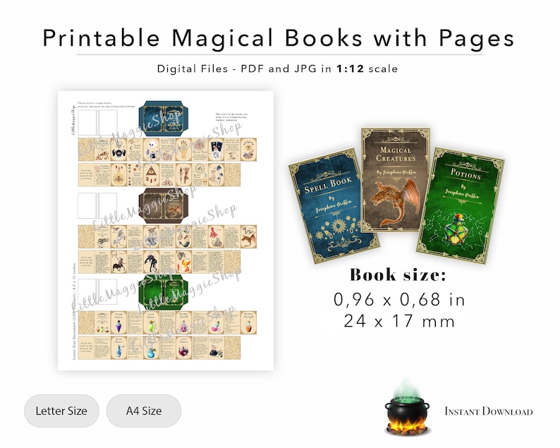 3 Printable Magical Books with pages Spells, Potions and Magical Creatures for Dollhouse Miniatures 1:12 Scale JPG Download image 2