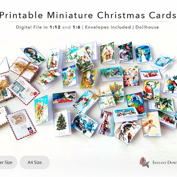 Printable Miniature Christmas Greeting Cards with Envelopes | 1-12 scale | 1-6 scale | Dollhouse | DOWNLOAD | PDF | Winter Greeting Cards