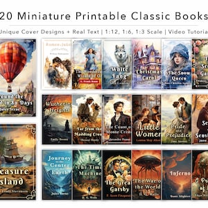 20 Miniature Printable Classic Bücher, Puppenhaus Miniaturbücher für print, 1/6, 1/12, 1/3 skala, reale Geschichte für jedes Buch