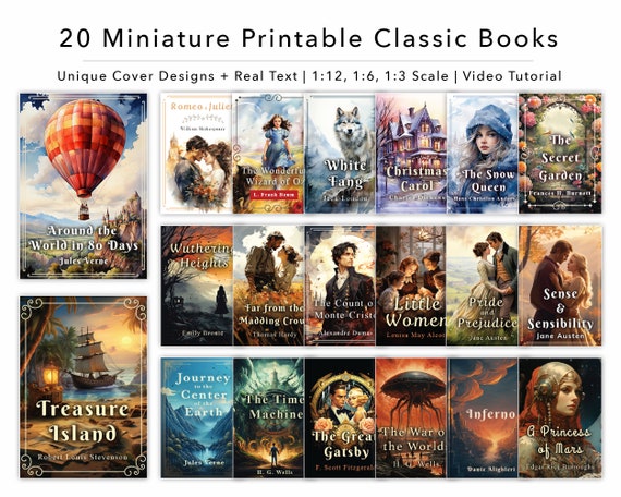 Miniature Printable Classic Books: 1/12, 1/6, 1/3 Scale (PDF Download)