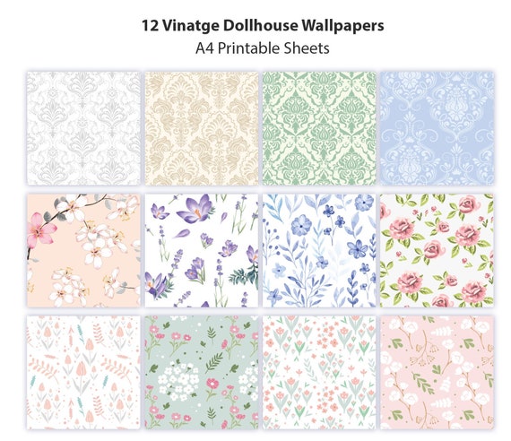 12 Dollhouse Vintage Wallpaper Patterns 12 Sheets in A4 Format