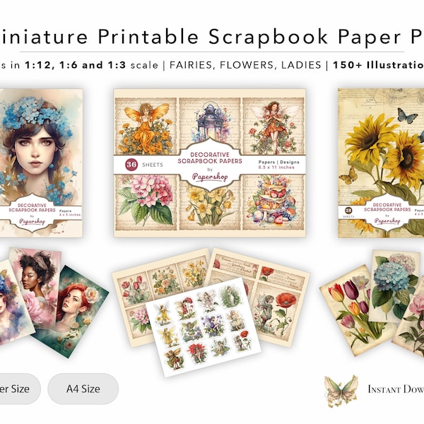 3 Scrapbook Paper Pads - Miniature Printable Book, Dollhouse Craft Room, Hobby Room, Digital File, PDF, 1/12, 1/6, 1/3 Scale