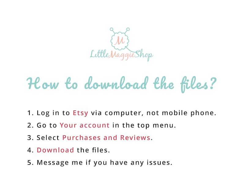 Op de afbeelding: Een witte achtergrond met blauwe tekst die "Hoe download ik de bestanden?" luidt en een lijst met vijf stappen over hoe je bestanden van Etsy kunt downloaden. De tekst bevat de woorden "Etsy", "Je account", "Aankopen en beoordelingen", "Download de bestanden" en "Stuur me een bericht".