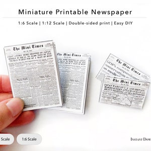 Miniature Printable Newspaper | Print on both sides of the sheet | Dollhouse Miniature | 1/12 Scale | 1/6 Scale | Instant Download | PDF