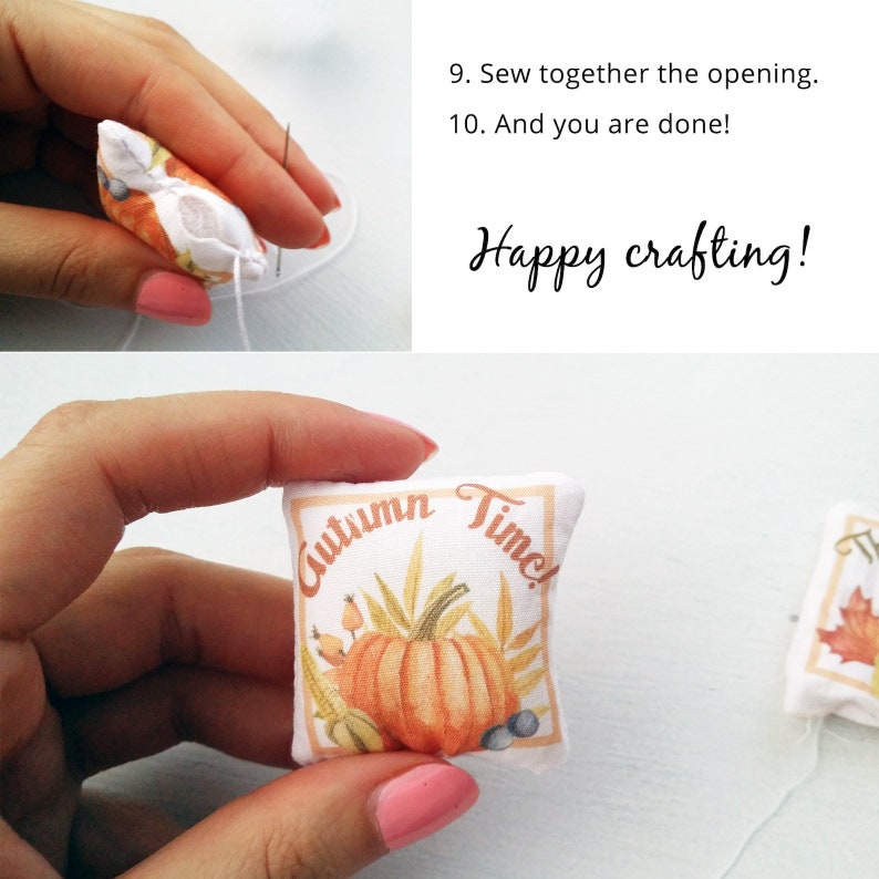 May include: A small, square pillow with an autumn design, showing a pumpkin and the words "Autumn Time!". The pillow is being sewn with white thread. The text "Happy crafting!" is also visible in the image.