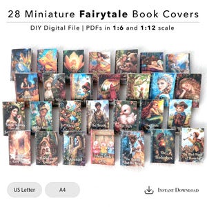 Peut inclure: Vingt-huit couvertures de livres de contes de fées miniatures avec des illustrations colorées. Les couvertures présentent des titres tels que "Le pêcheur", "Blanche-Neige", "Le Brave", "Le vilain petit canard", "La petite sirène", "Le coffre à feu" et "Le joueur de flûte de Hamelin".