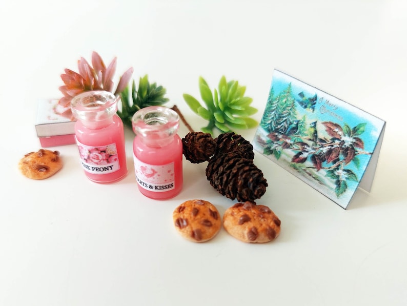 Op de afbeelding: Miniatuursc&egrave;ne met twee kleine glazen flesjes gevuld met roze vloeistof, met de labels "Pink Peony" en "Hearts & Kisses". De sc&egrave;ne bevat miniatuurkoekjes, dennenappels, een wenskaart met een winters tafereel en kunstmatige vetplanten. Het thema is een miniatuur cadeaupakket.