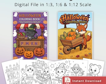 2 Miniature Printable Halloween Coloring Books, 1∶3, 1:6, 1∶12 Scale, Dollhouse Library, Download 30 Pages DIY Doll Library PDF