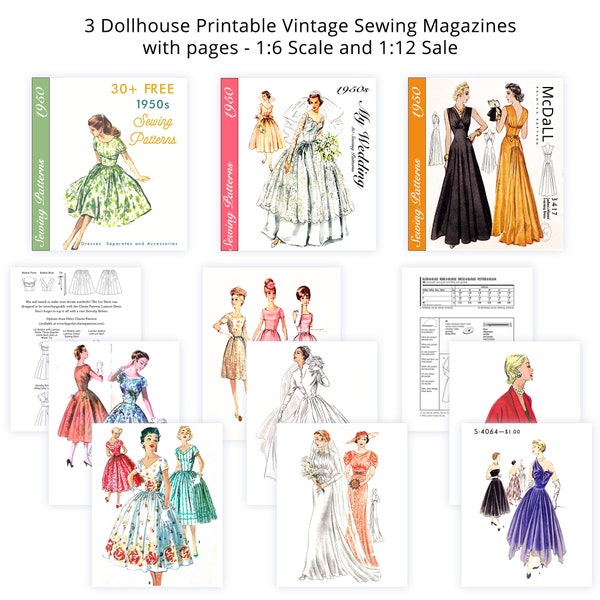3 magazines de couture vintage imprimables avec pages | miniature | Échelle 1/6 et 1/12 | Téléchargement instantané | Fiche PDF | Livres de maison de poupée