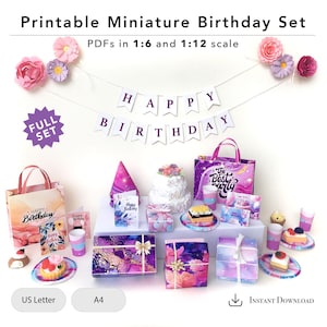 Afdrukbare miniatuur verjaardagsfeestje – schaal 1/6, schaal 1/12 – borden, kopjes, geschenkverpakkingen, kaarten, hoeden, spandoek, poppenhuis, A4, US Letter, pdf