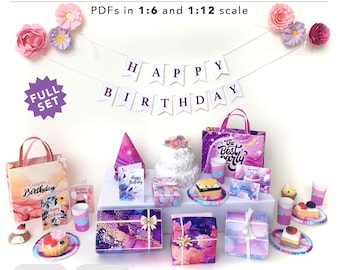 Kit de fiesta de cumpleaños en miniatura: Imprimibles para casas de muñecas a escala 1/6 y 1/12 (Descarga en PDF, tamaño A4/Carta de EE. UU.)